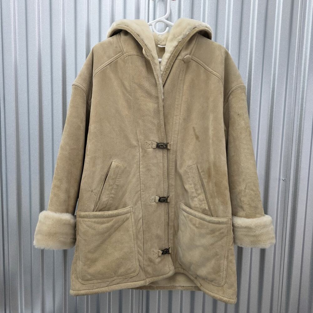 John Weitz Vintage Suede Jacket Coat Faux Fur Leather Sued Tan Beige Size M 70s
